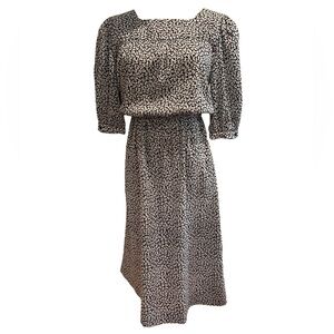 70s CIAOSILK SILK BLACK & WHITE DITZY FLORAL PATTERN PUFF HALF SLEEVE MIDI DRESS